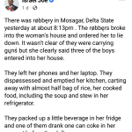 They left her phones, laptop and emptied her kitchen – Activist narrates how robbers invaded woman’s house in Delta state, stole pots of soup, stew, beverages